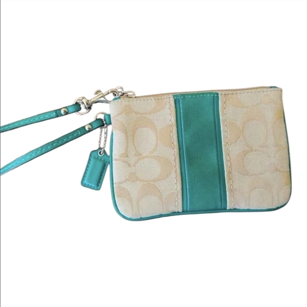 Coach Signature C Wristlet Khaki & Teal Green Patent Leather Trim - Picture 3 of 6